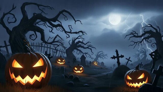 Halloween night cemetery. Jack-o'-lantern pumpkins with ominous lightning backdrop. For scary, horror or spooky themed commercial projects, Halloween ads, festive season promos.