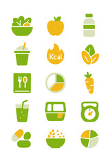 Vector healthy food icon set collection including salad, apple, water bottle, smoothie, calories, carrot, juice, lunch box, and scale, suitable for diet, wellness, and nutrition projects.  
