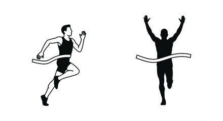 A runner crossing the finish line depicted in a minimalist black and white style