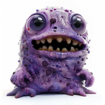 Weird purple blob monster with bulging eyes and lumpy skin on white background
