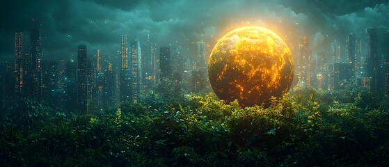 A glowing planetary sphere emerges from lush greenery before a futuristic city skyline under a dramatic sky