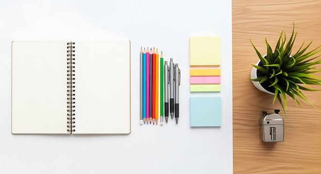 Minimalist Workspace with Stationery and Plant Flat Lay Composition