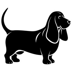 Stylized black silhouette of a basset hound dog with long floppy ears and short legs on a white background