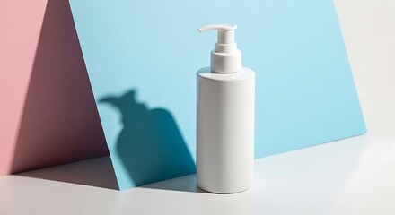 Minimalist White Cosmetic Dispenser on Blue and Pink Background