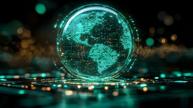 Glowing digital globe symbolizing global technology networks and connections against a futuristic dark background with bokeh lights