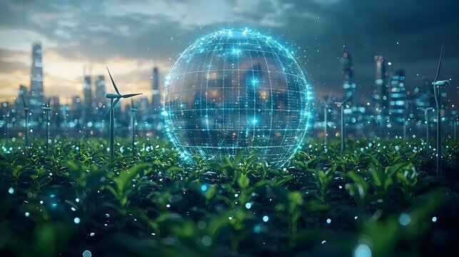 Futuristic digital globe with wind turbines and city skyline symbolizing sustainable global energy and environmental protection