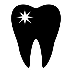 Simple black silhouette of a healthy sparkling tooth with a starburst glint on a white background