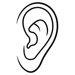 Simple outline drawing of a human ear on a white background representing hearing and listening