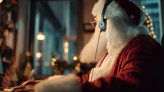 Santa works online with headset. Christmas holiday office with Santa Claus at computer. Santa in red suit at call center. Beard, call, Claus, Christmas, headset, holiday, office, online, Santa