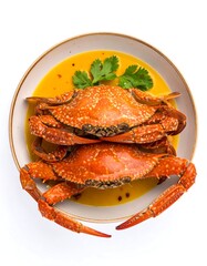 Two cooked crabs in a creamy sauce