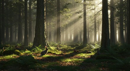 Forest scene with rabbits and sunbeams filtering through tall dense trees