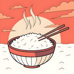 white rice with sunset background copy space for
