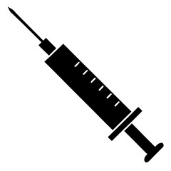 Simple black silhouette of a medical syringe with a needle pointing upwards on a white background