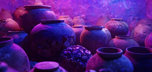 Quantum archive chamber filled with ancient pottery pulsing in violet AI light
