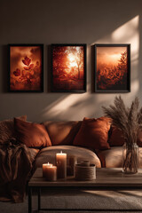 Cozy living room with framed art, candles, and decorative elements.