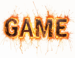 The word "GAME" is displayed with a fiery, sparkling effect, suggesting excitement and energy isolated on transparent background.