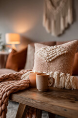 Cozy living room with candles and a warm drink