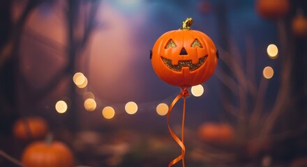 A festive jack-o'-lantern decoration, orange and glowing, against a blurred background of warm lights and dark trees, evokes a Halloween ambiance.