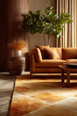 Cozy living room with a leather sofa and a geometric patterned rug.