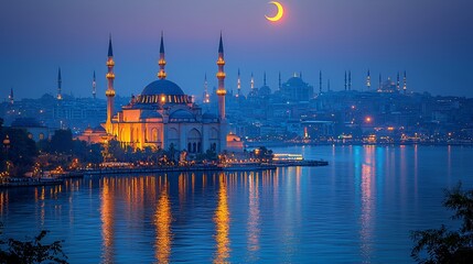 Obraz premium Istanbul Mosque at Twilight, Crescent Moon