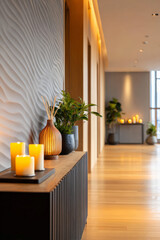 Elegant hallway with candles and plants creating a serene atmosphere.