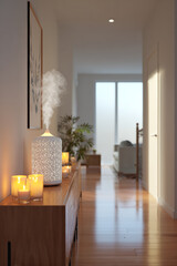 Cozy hallway with an essential oil diffuser, candles, and soft lighting.