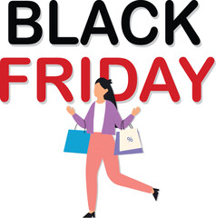 Black Friday shopping with women carrying bags and sale discount.