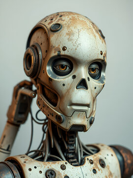 an old dirty robot, human robot with artificial intelligence, cannibalized or repairing an old robot with signs of wear.