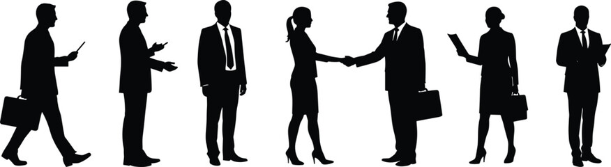 Business people silhouettes standing, walking, talking, shaking hands, holding documents, communicating, working together, corporate teamwork