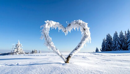 Heart-shaped frozen branches in snow