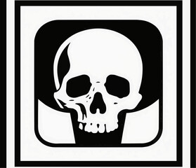 This is a stark, black and white graphic of a human skull centered within a square frame. The skull itself is white, featuring dark eye and nasal sockets, set against a dark, rounded shape tha