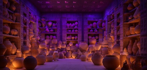 Quantum archive chamber filled with ancient pottery pulsing in violet AI light