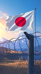Japanese flag waving at sunrise, behind a barbed wire fence