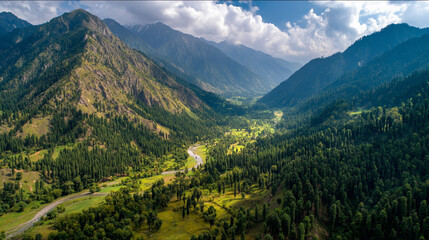 Naklejka premium Aerial view of a lush green valley with a winding river and towering mountains in the distance