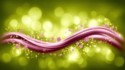 A vibrant design featuring flowing pink ribbons and delicate flowers against a soft green background created using bokeh effects, Ideal for use in invitations, greeting cards, or digital art projects