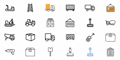 Fototapeta premium Illustration showing construction and shipping equipment including trucks containers and tools