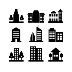 Fototapeta premium Vector art of collection of nine black building icons representing different architectural styles, isolated on a