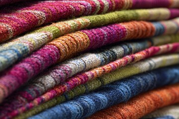 Vibrant Stack of Woven Textured Fabrics with Colorful Striped Patterns