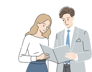 Businessman and woman reviewing document together, professional discussion, team collaboration, office partnership, contract analysis