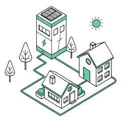 Vector art of isometric illustration of a sustainable energy system powering homes and a tall building with solar panels