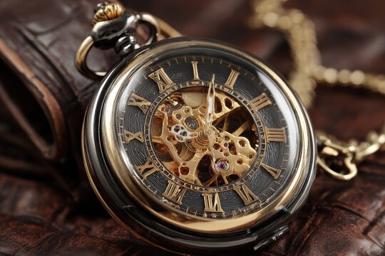 Vintage Skeleton Pocket Watch with Golden Gears and Roman Numerals on Brown Leather