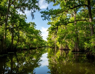 Tranquil swamp waterway with lush canopy