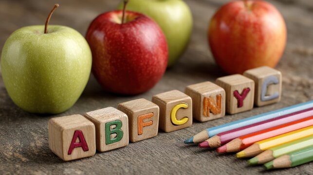 Colorful Educational Blocks with Apples and Crayons on Wooden Table
