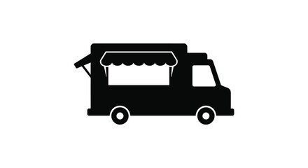 Simple black silhouette of a food truck with a serving window detail