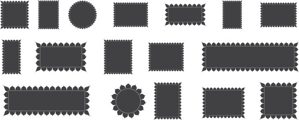 Collection of ornamental decorative frames in rectangular, square, and circular shapes. Stylish black silhouette border set for labels, invitations, or graphic design. Perfect for digital and print us