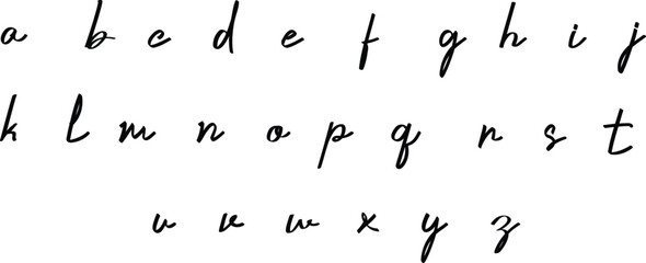 Stylish handwritten cursive alphabet lowercase letters in black ink design. Modern calligraphy font set perfect for typography, posters, and creative design projects. Ideal for branding and digital us
