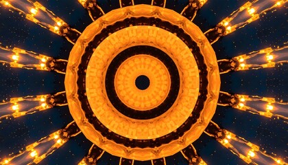 Abstract symmetrical pattern of concentric circles in warm golds and dark blues