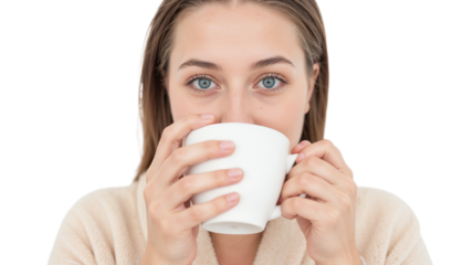 A woman smiles as she sips from a white cup, dressed in a bathrobe. The bright background adds to the peaceful morning atmosphere of the scene.