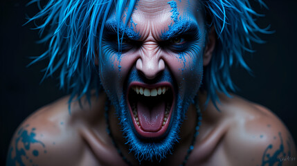 Crazy Screaming androgyne man with face art. Blank for text. Aggressive. Freak person. Tinsel creative blue makeup. Intersex and anorexia concept. Space for logo. HOMOSEXUALITY