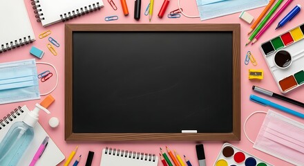 Back to School Blackboard with School Supplies and Face Masks on Pink Background Copy Space
